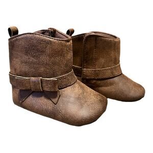 Carter's Baby Boots Size 3 - 6 Months Brown Soft Side Bows Slip On Cute Western